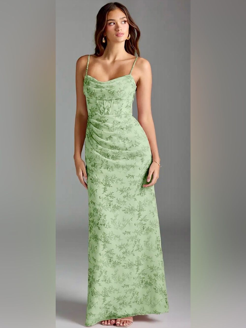 Azazie Mai Green Fern Corseted Floral Chiffon Sheath Maxi Dress